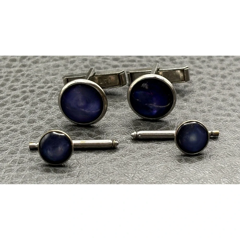 Vintage Silver Tone Moonglow Blue Cabochon Cufflinks Studs Cuff Button Set